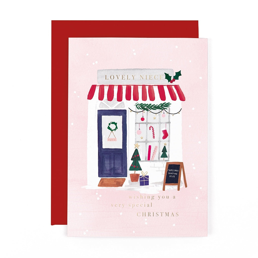 Christmas Card for Niece, Pink Festive Shopfront Design with Gold Foiling, Blank Inside