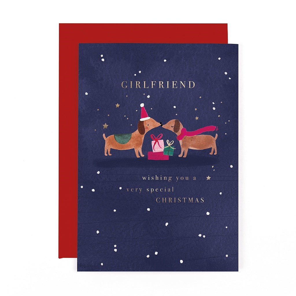 Christmas Card for Girlfriend, Dachshund Sausage Dogs with Presents on Blue Background, Gold Foiling, Snow Scene