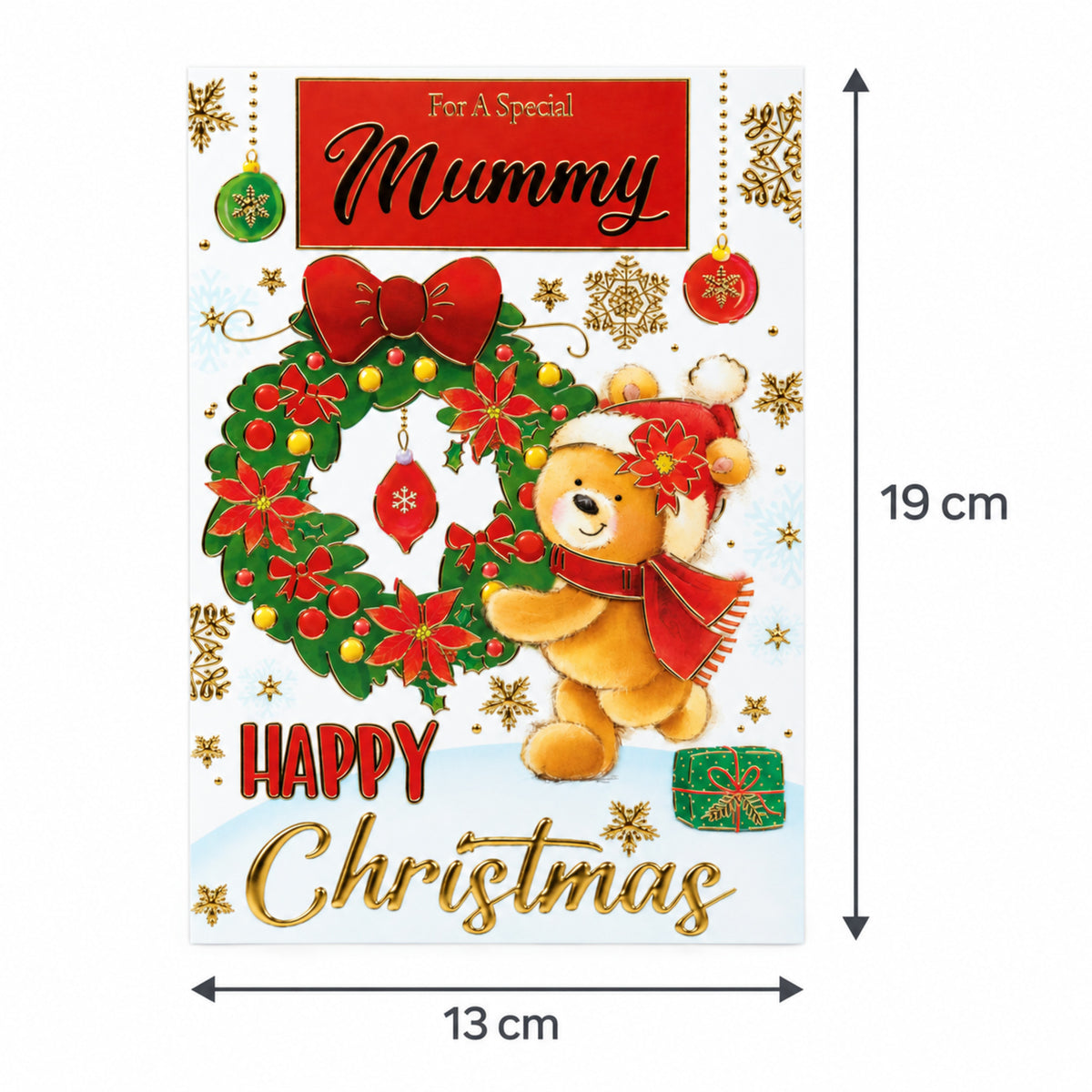 Mummy Christmas card size guide showing 19 x 13cm