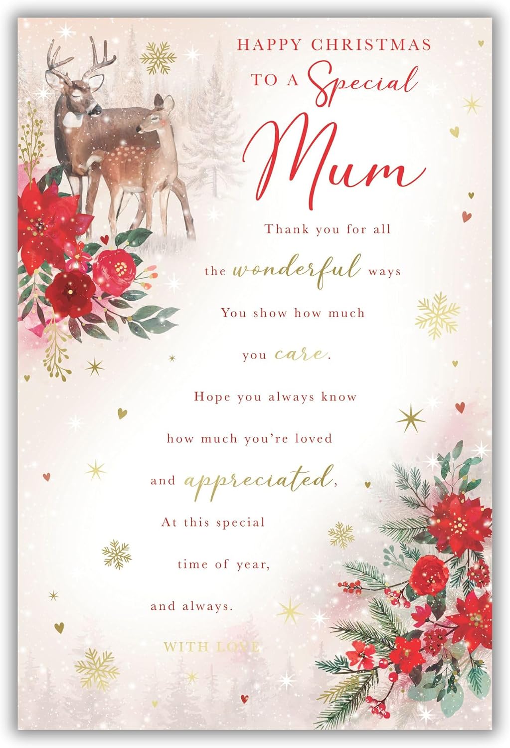 Nigel Quiney Special Mum Christmas card with deer, flowers and Christmas message