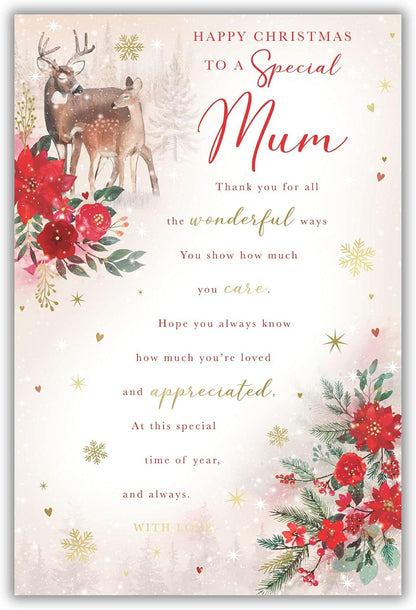 Nigel Quiney Special Mum Christmas card with deer, flowers and Christmas message