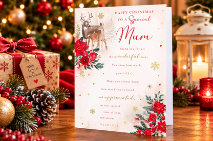 Special Mum deer Christmas card displayed on a festive wooden table with lantern and wrapped present