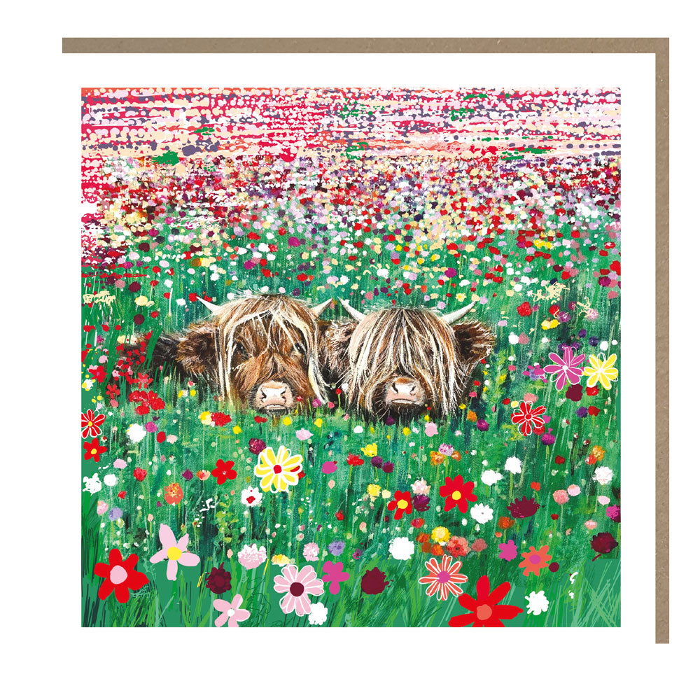Tracks Publishing Highland Cow Blank Greeting Card | Floral Meadow Cow Card
