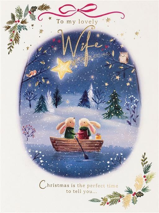 To my lovely Wife Christmas card with rabbits in a boat, snowy woodland and gold lettering