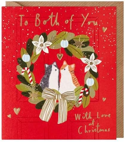 To Both of You Christmas card red with two cats inside festive wreath gold lettering and kraft envelope