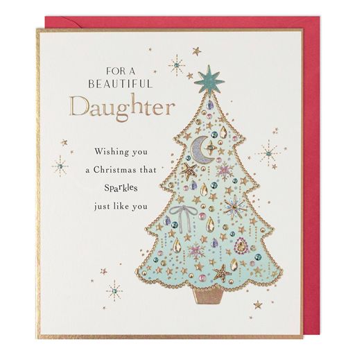Paperlink Beautiful Daughter Christmas card with pastel blue decorated Christmas tree gold foil details and red envelope