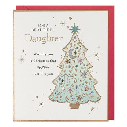 Paperlink Beautiful Daughter Christmas card with pastel blue decorated Christmas tree gold foil details and red envelope