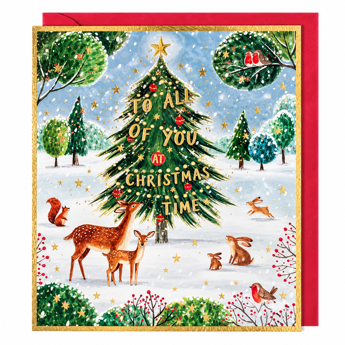 Paperlink To All of You Christmas card with gold foil Christmas tree deer rabbits and woodland animals