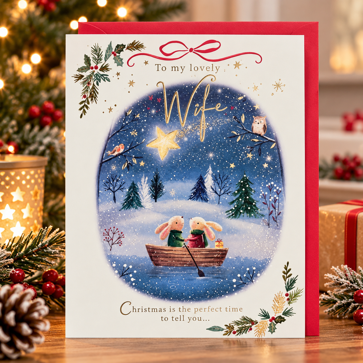Paperlink Wife Christmas card displayed in warm festive scene with red envelope and Christmas lights