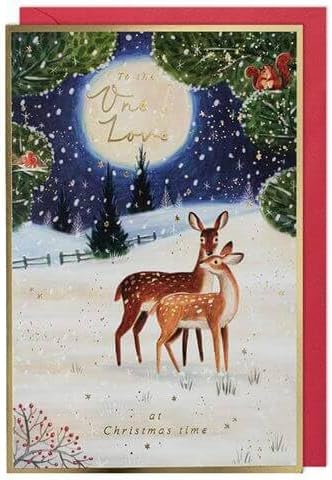One I Love Christmas card with deer in snowy woodland and red envelope by Paperlink