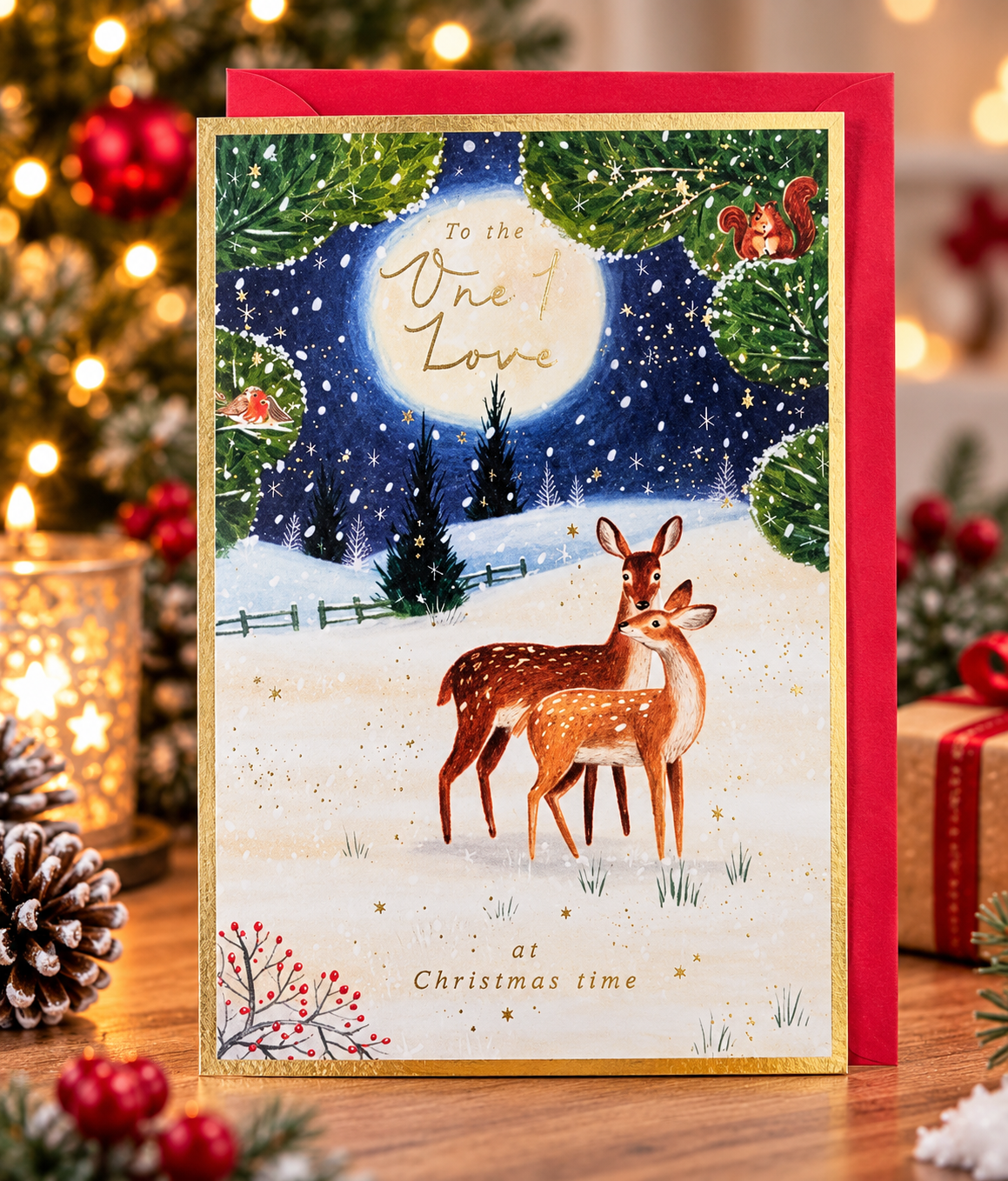 Romantic One I Love Christmas card with two deer displayed in a festive lifestyle setting