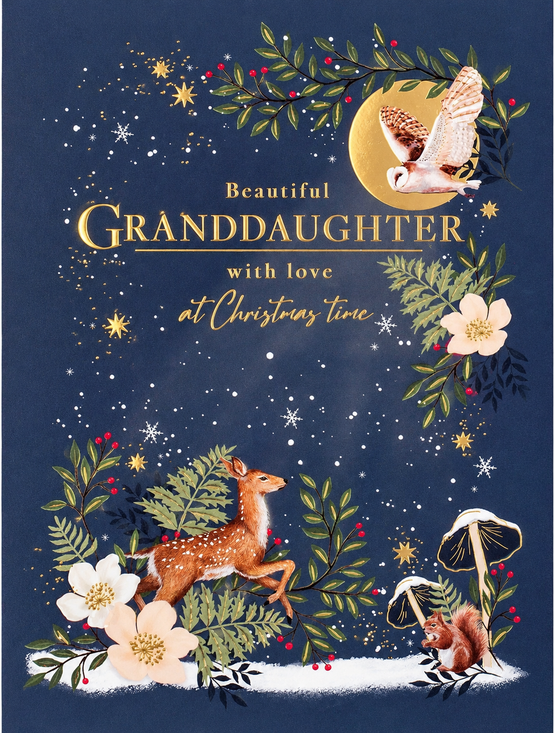 Paperlink Beautiful Granddaughter Christmas card navy blue woodland animals with restored gold foil lettering
