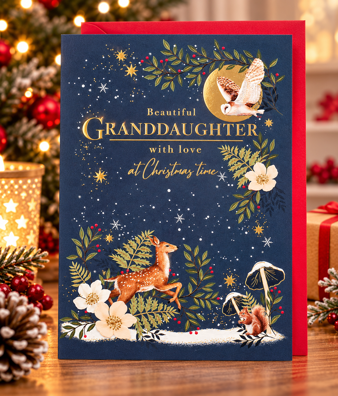 Granddaughter Christmas card with owl deer squirrel and gold foil displayed in festive lifestyle scene