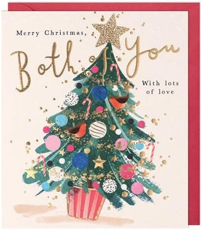 Paperlink Both of You Christmas card front with colourful Christmas tree and gold lettering