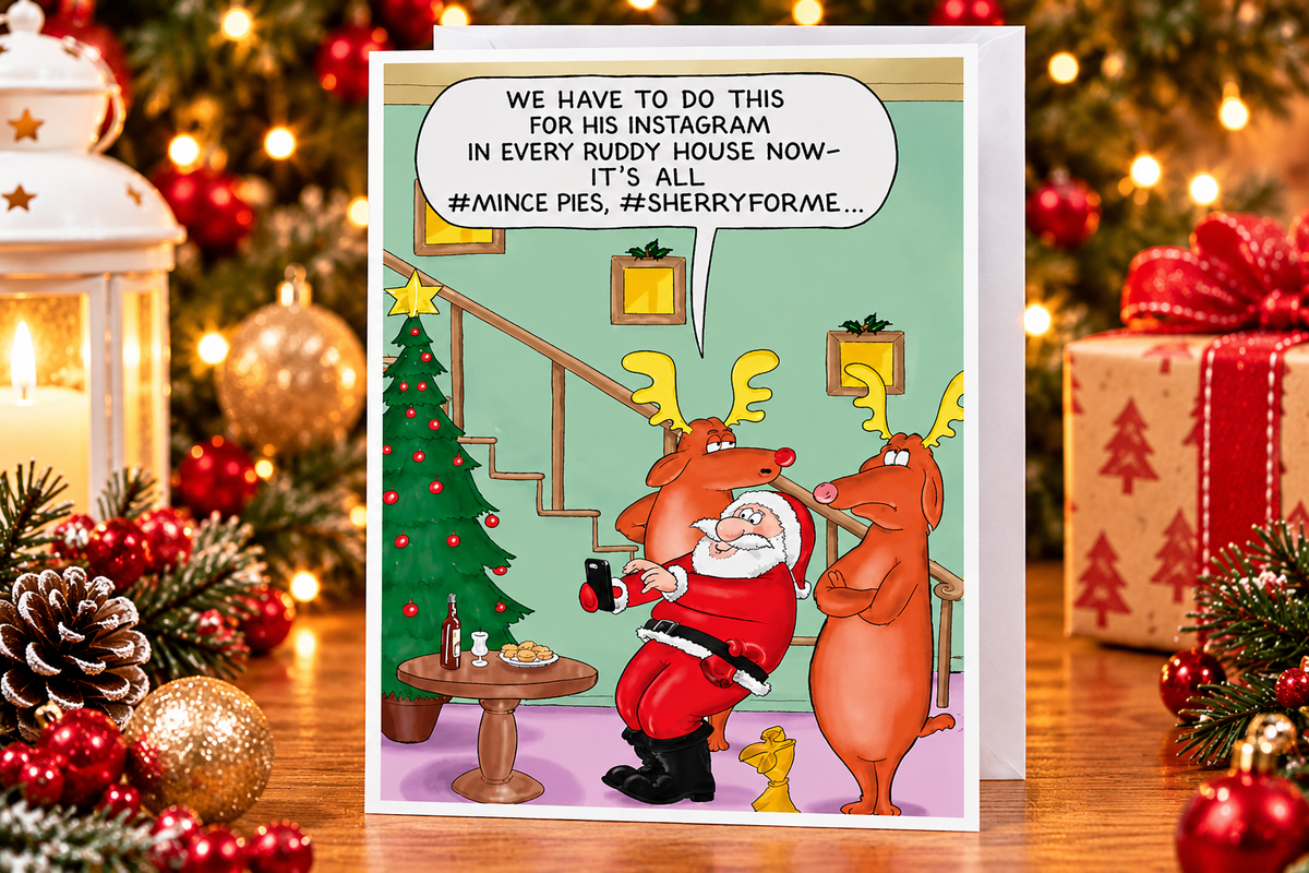 Paperlink funny Santa Instagram Christmas card shown in festive lifestyle setting