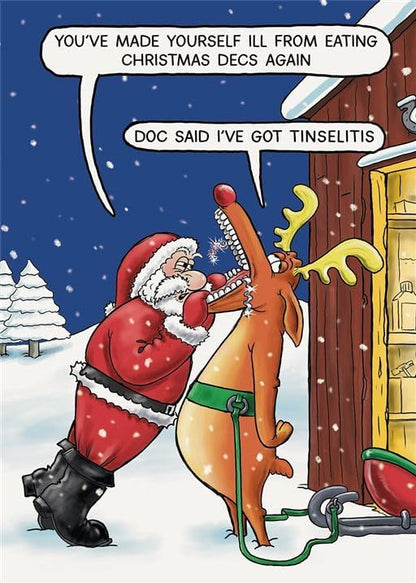 Paperlink humorous Christmas card front with Santa and reindeer tinselitis joke