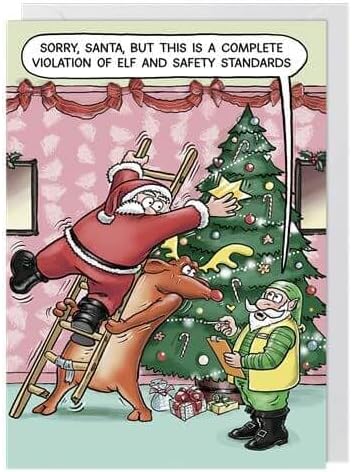 Front of funny Paperlink Christmas card showing Santa, reindeer and elf safety inspector
