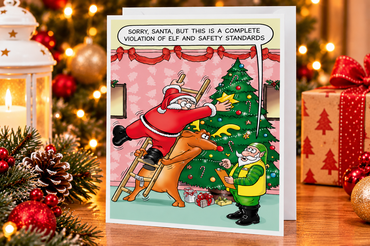 Funny Santa Christmas card displayed on festive tabletop with gifts and decorations