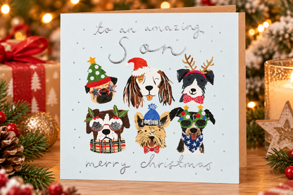 Festive dog Christmas card for son displayed with Christmas gifts and decorations