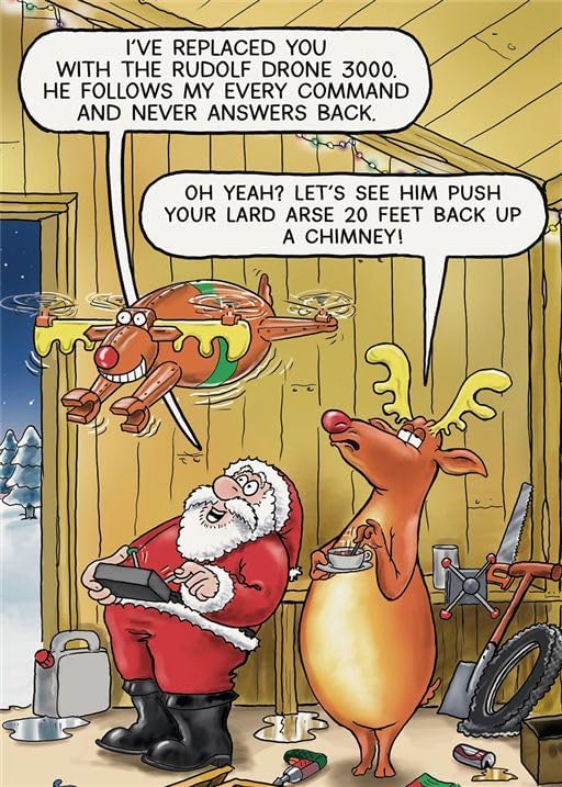 Front of funny Paperlink Christmas card with Santa controlling a Rudolph drone and reindeer chimney joke