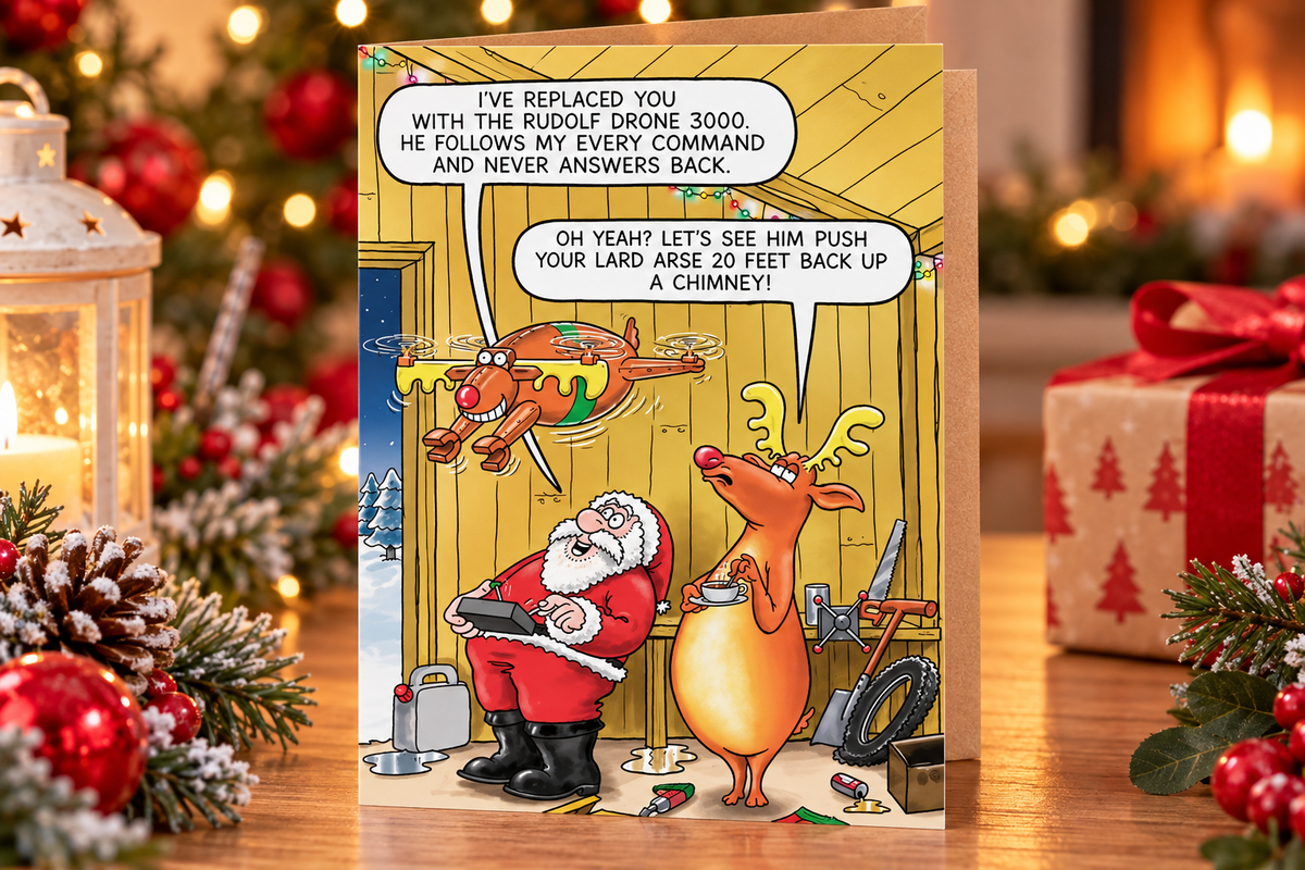 Funny Paperlink Santa and Rudolph drone Christmas card on a decorated festive table