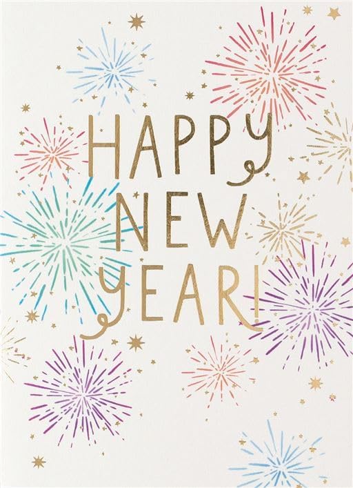 Paperlink Happy New Year greeting card with colourful fireworks and gold lettering