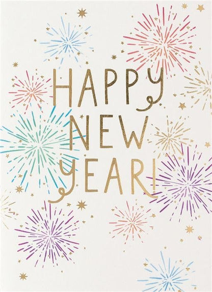 Paperlink Happy New Year greeting card with colourful fireworks and gold lettering