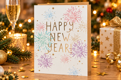 Paperlink New Year fireworks card on a festive tabletop with envelope and decorations