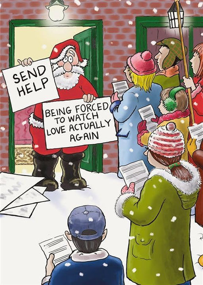 Funny Paperlink Christmas card front with Santa Send Help Love Actually joke