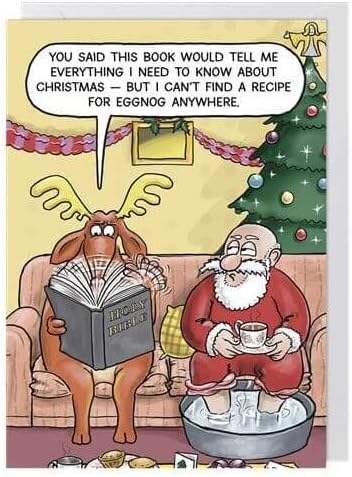 Paperlink funny Christmas card front reindeer looking for eggnog recipe in book beside Santa