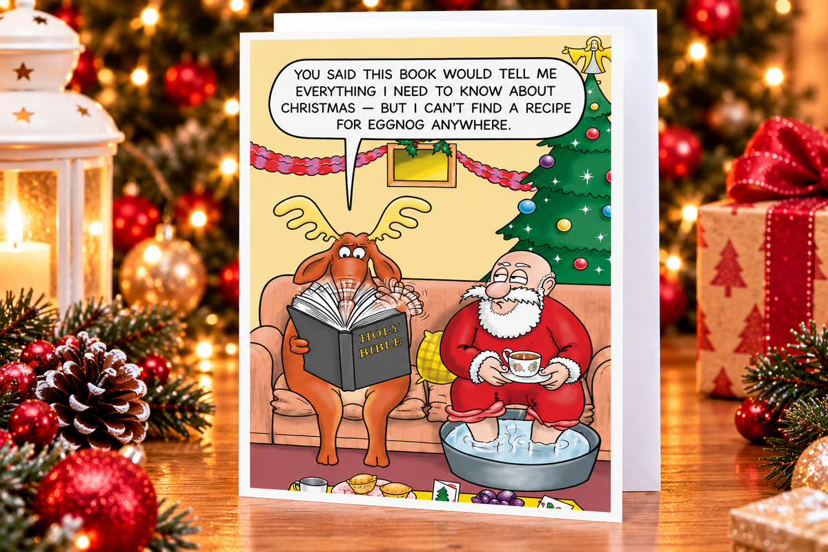 Paperlink funny reindeer and Santa Christmas card displayed among festive decorations