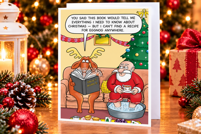 Paperlink funny reindeer and Santa Christmas card displayed among festive decorations