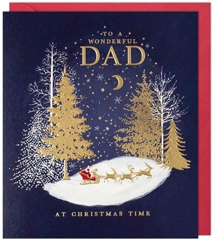Wonderful Dad Christmas card by Paperlink with gold trees and Santa sleigh on navy background