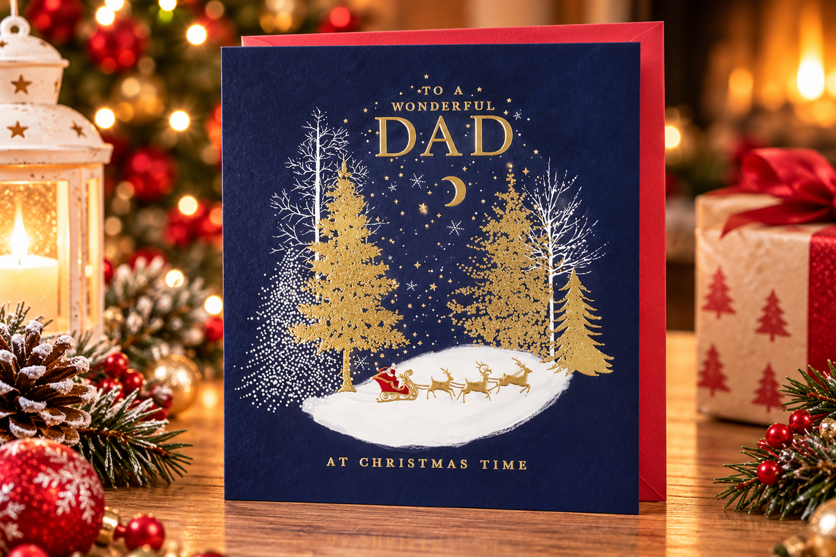 Paperlink Wonderful Dad Christmas card with red envelope displayed among festive decorations