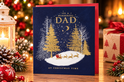 Paperlink Wonderful Dad Christmas card with red envelope displayed among festive decorations