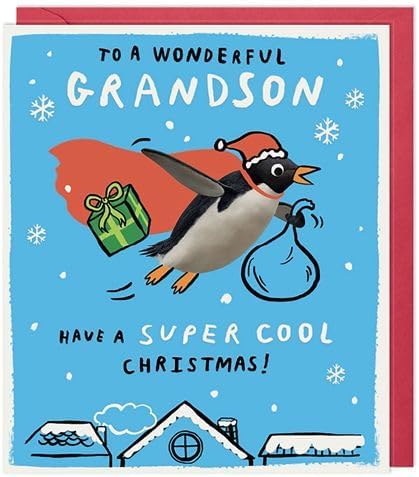 Front of Paperlink Wonderful Grandson Christmas card featuring a superhero penguin and snowy rooftops