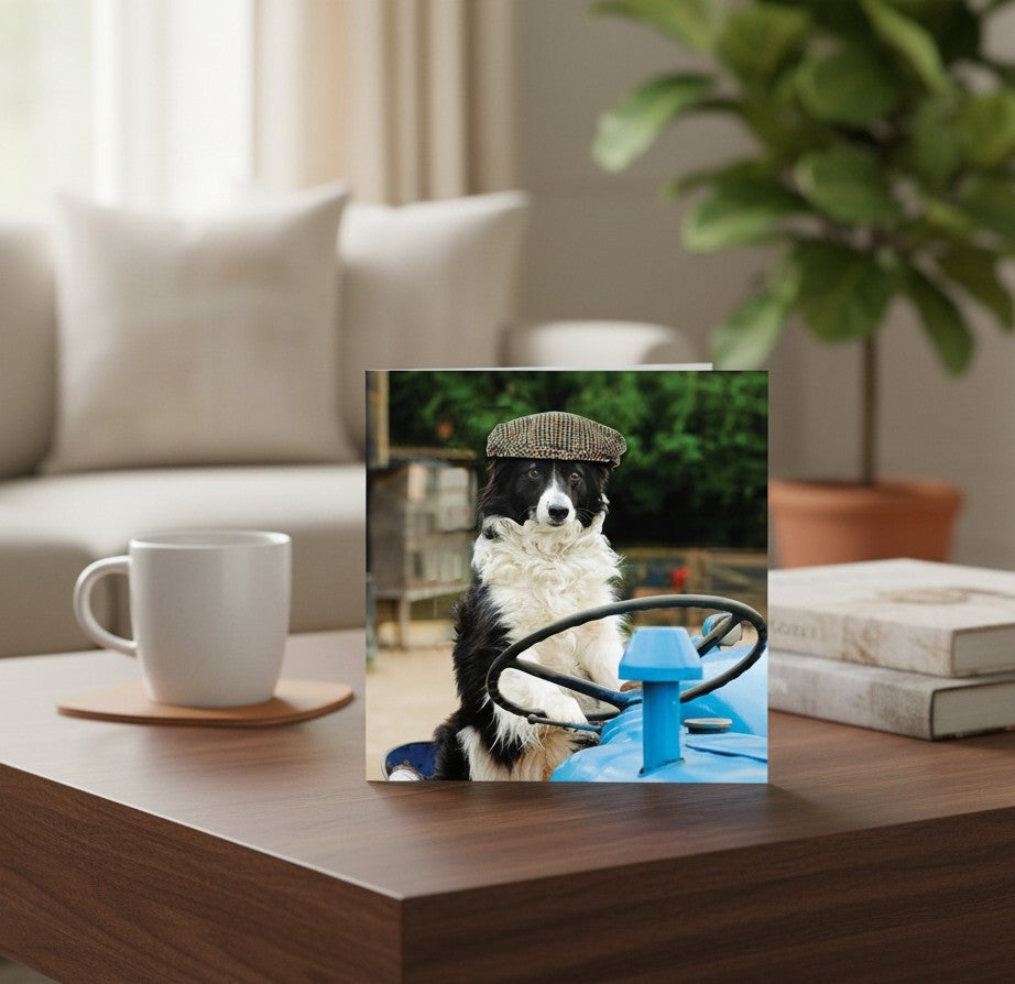 Border Collie on Tractor Blank Greeting Card | Abacus Cards