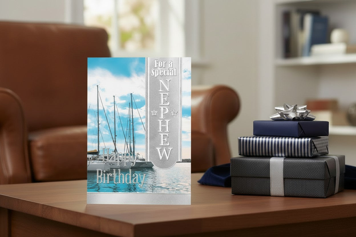 Special Nephew Birthday Card – Marina Boats Design with Silver Foil