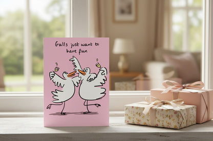 Lucilla Lavender Birdiculous "Gulls Just Want To Have Fun" Funny Blank Greeting Card