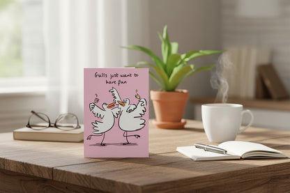 Lucilla Lavender Birdiculous "Gulls Just Want To Have Fun" Funny Blank Greeting Card