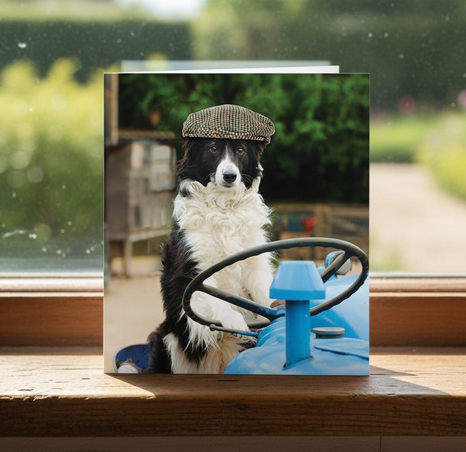 Border Collie on Tractor Blank Greeting Card | Abacus Cards