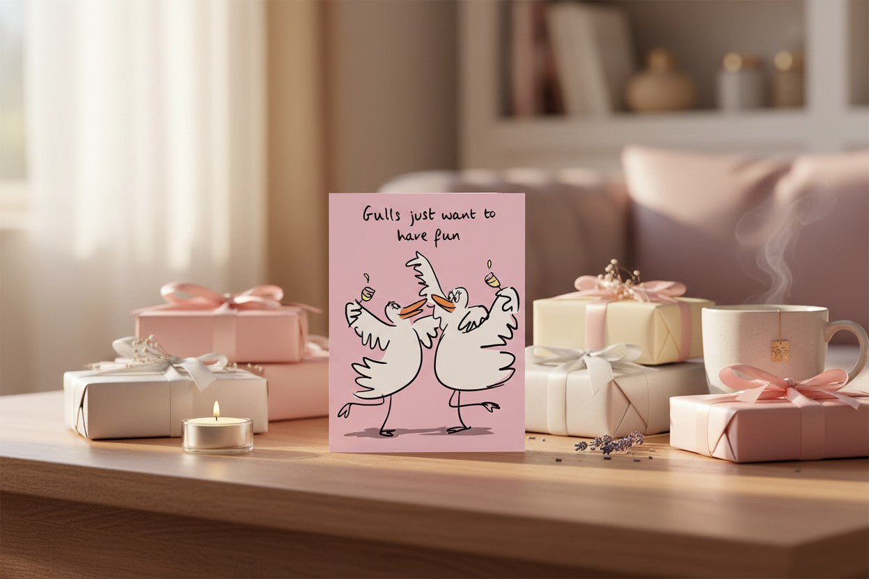 Lucilla Lavender Birdiculous "Gulls Just Want To Have Fun" Funny Blank Greeting Card