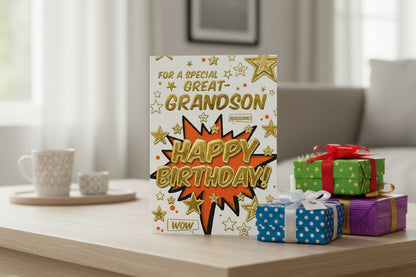 Great-Grandson Birthday Card – Comic Style Design with Gold Foil