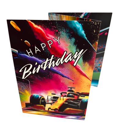 Racing Car Birthday Card Eco Friendly Trifold Self Sealing Keepsake Card
