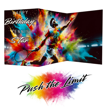 Colorful birthday card with tennis player design and text 'Happy Birthday Tennis Star Push the Limit'.