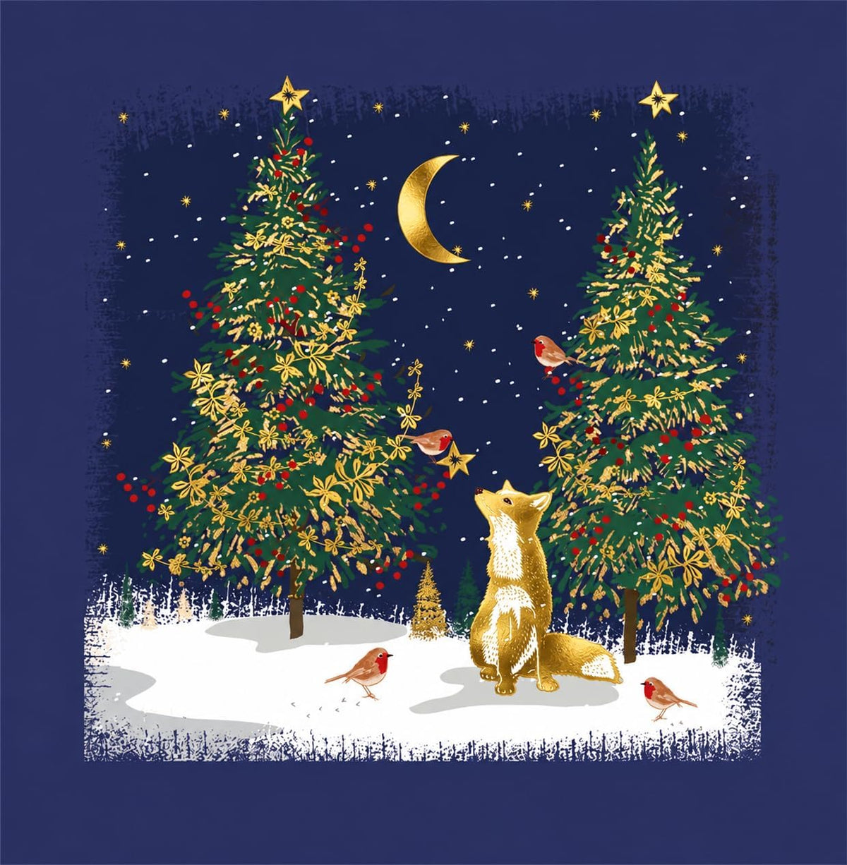 Front of Christmas card with fox, robins, two decorated Christmas trees and golden crescent moon on navy blue background