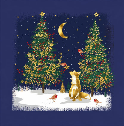 Front of Christmas card with fox, robins, two decorated Christmas trees and golden crescent moon on navy blue background