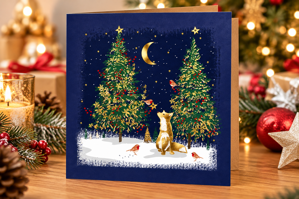 Fox and robins woodland Christmas card displayed on a wooden table with festive decorations and candlelight
