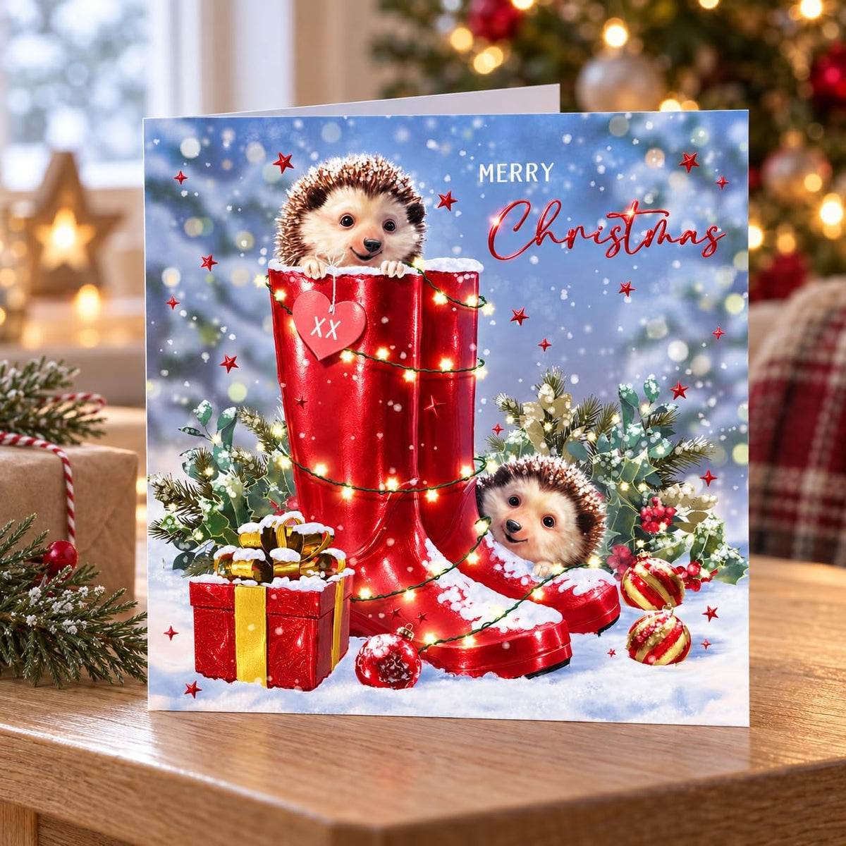 Nigel Quiney hedgehog Christmas greeting card front with red boots