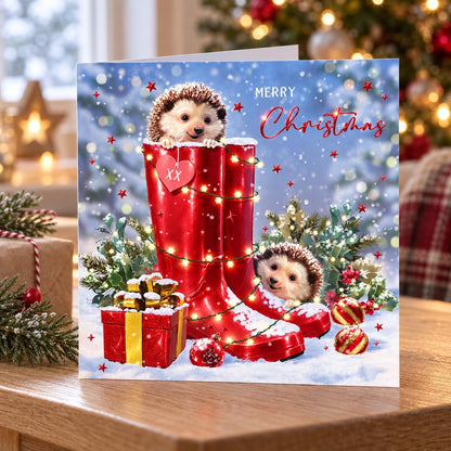 Nigel Quiney hedgehog Christmas greeting card front with red boots